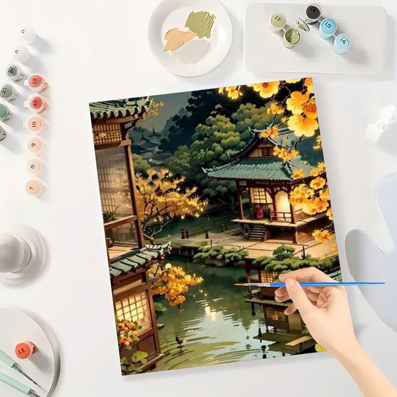 Oriental Paint by Numbers Kit for Adults - DIY Peaceful Japanese Garden Painting on Canvas 16x20 Inches, Acrylic Paint Set, Suitable for Beginners, Zen Art for Home Decoration or Gifts TAOPAOLAB