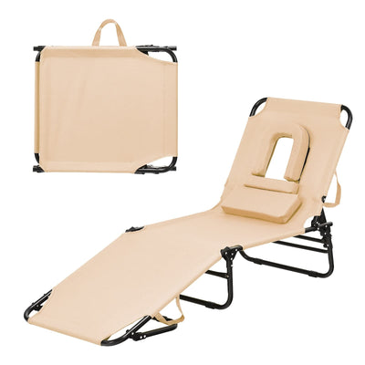 gotoplay Folding Beach Lounge Chair w/ 5 Adjutable Backrest & Padded Pillow, Sunbathing Lounger Chair, Sun Tanning Lay Flat Chair for Seaside Pool Deck, Max Load 330 LBS, No Assembly Required (Beige)