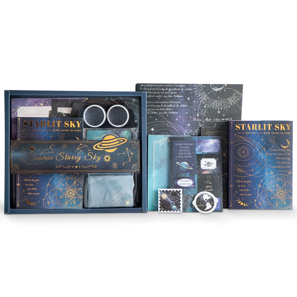 icceemee Scrapbooking Supplies Kit, Blue Starry Sky Scrapbooking Kit for Bullet Junk Journaling, Stationery, A6 Grid Notebook, Floral DIY Note-Taking Supplies, Birthday Craft Gift for Teen Girls icceemee