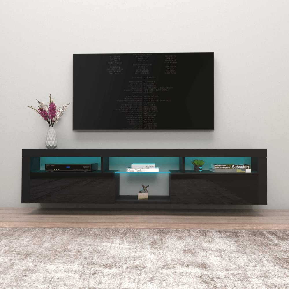 Meble Furniture Bari 200 TV Stand - Wall-Mounted Entertainment Center Console for Bedroom & Living Room TV Stand Upto 90" - Modern TV Floating Entertainment Center with Storage & LED Lights - Black MEBLE FURNITURE & RUGS