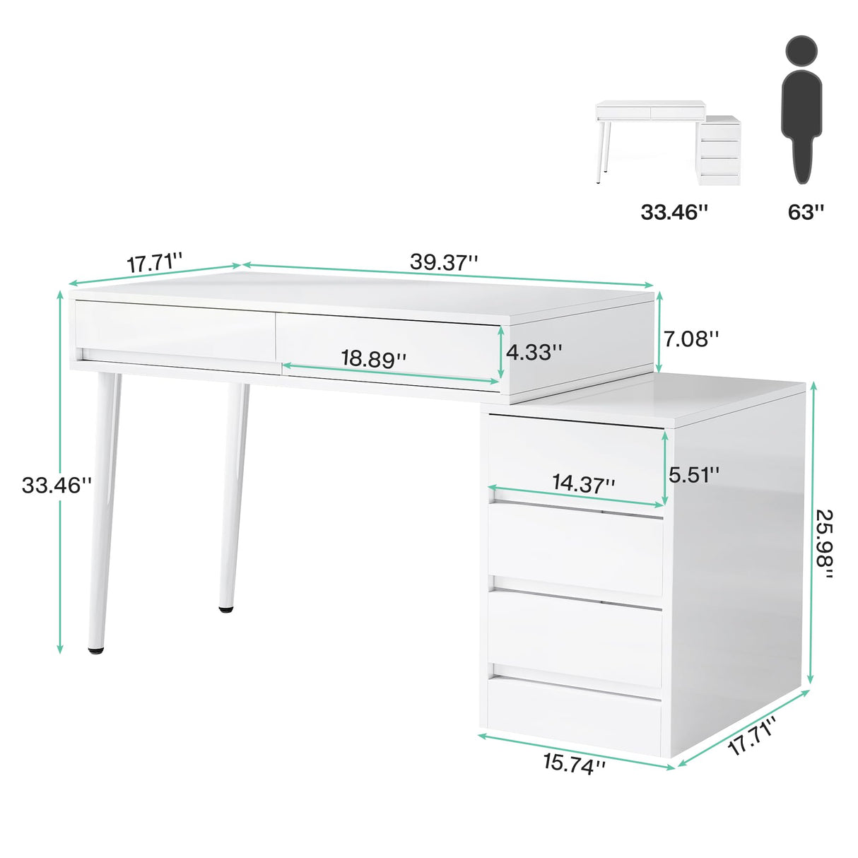 Tribesigns White Desk with 5 Drawers, High Gloss White Modern Home Office Desk with Storage Drawers and Printer Stand, Reversible Computer Desk Vanity Desk for Bedroom, Living Room Tribesigns