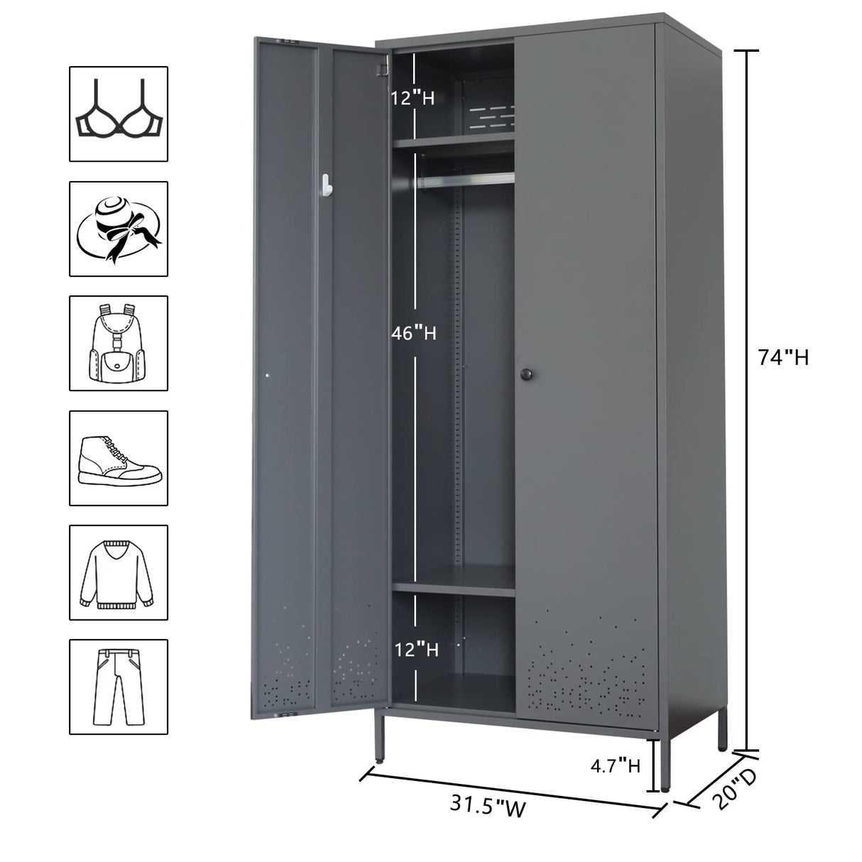 Metal Storage Cabinet with Hanging Rod, Wardrobe Armoire Closet for Bedroom, Laundry Room CJF