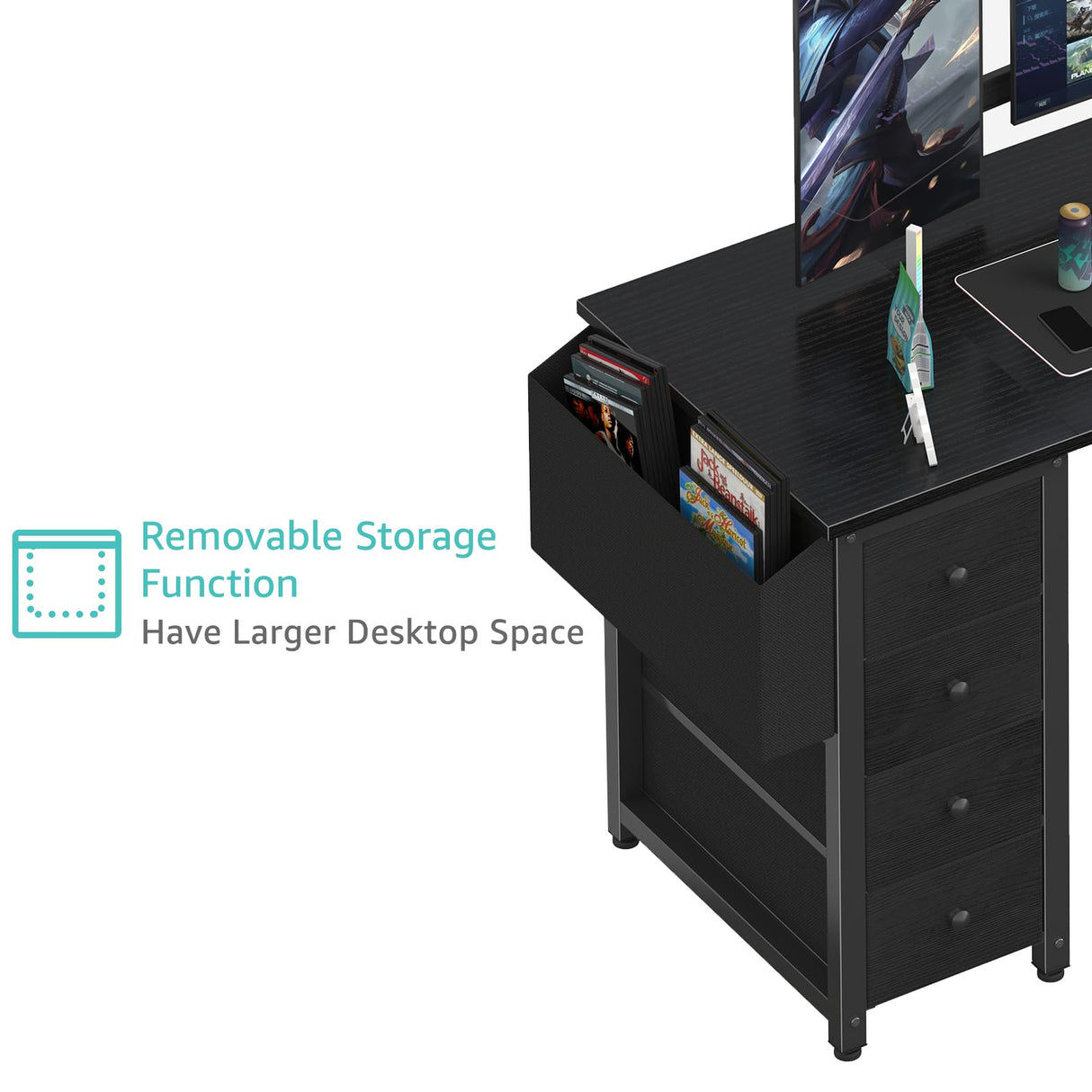 Lufeiya L Shaped Gaming Desk with Drawers & Storage Shelves, 47 Inch Corner Computer Desk with Power Outlet for Home Office Bedroom, L-Shaped Teen PC Desks with Fabric Drawer, Black Lufeiya