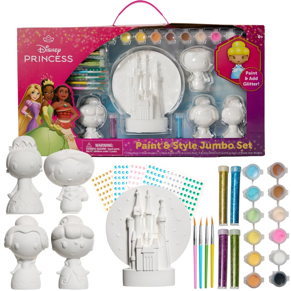 Disney Princess DIY Paint Your Own Figurines Arts and Crafts Set for Girls, Jumbo Figurines, Paint, Paint Brush, Glitter, and Gem Adhesives, Cinderella, Belle, Tiana, Jasmine, and Princess Castle Innovative Designs