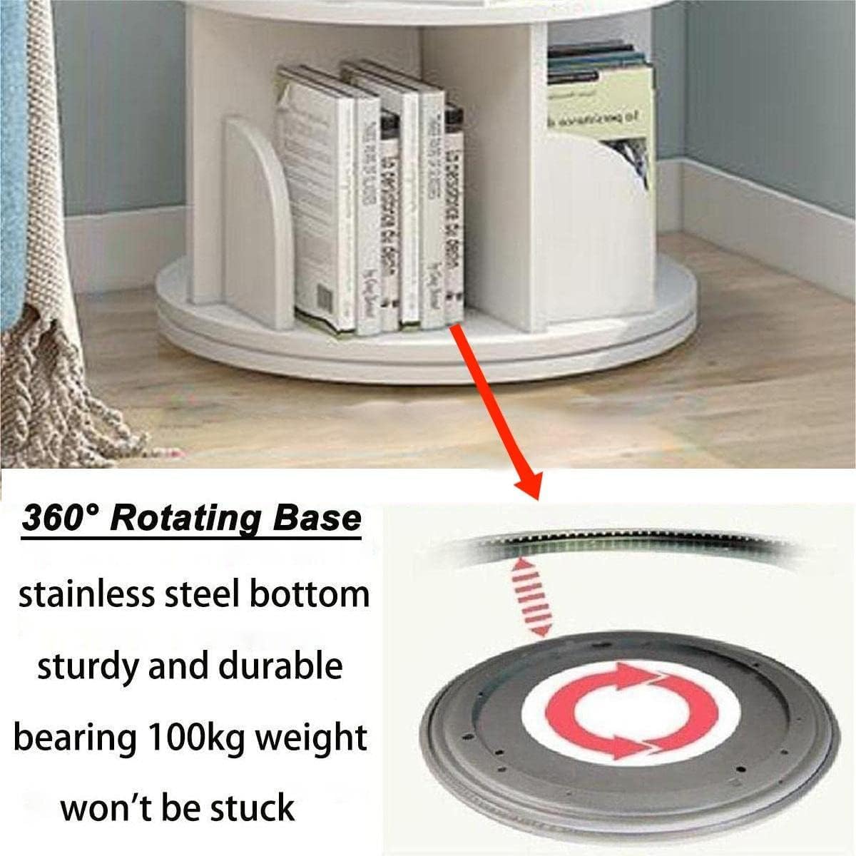 HOLMZCED 360° Rotating 2-Tier White Bookshelf - Versatile Free-Standing Storage Rack for Study, Bedroom, and Living Room HOLMZCED