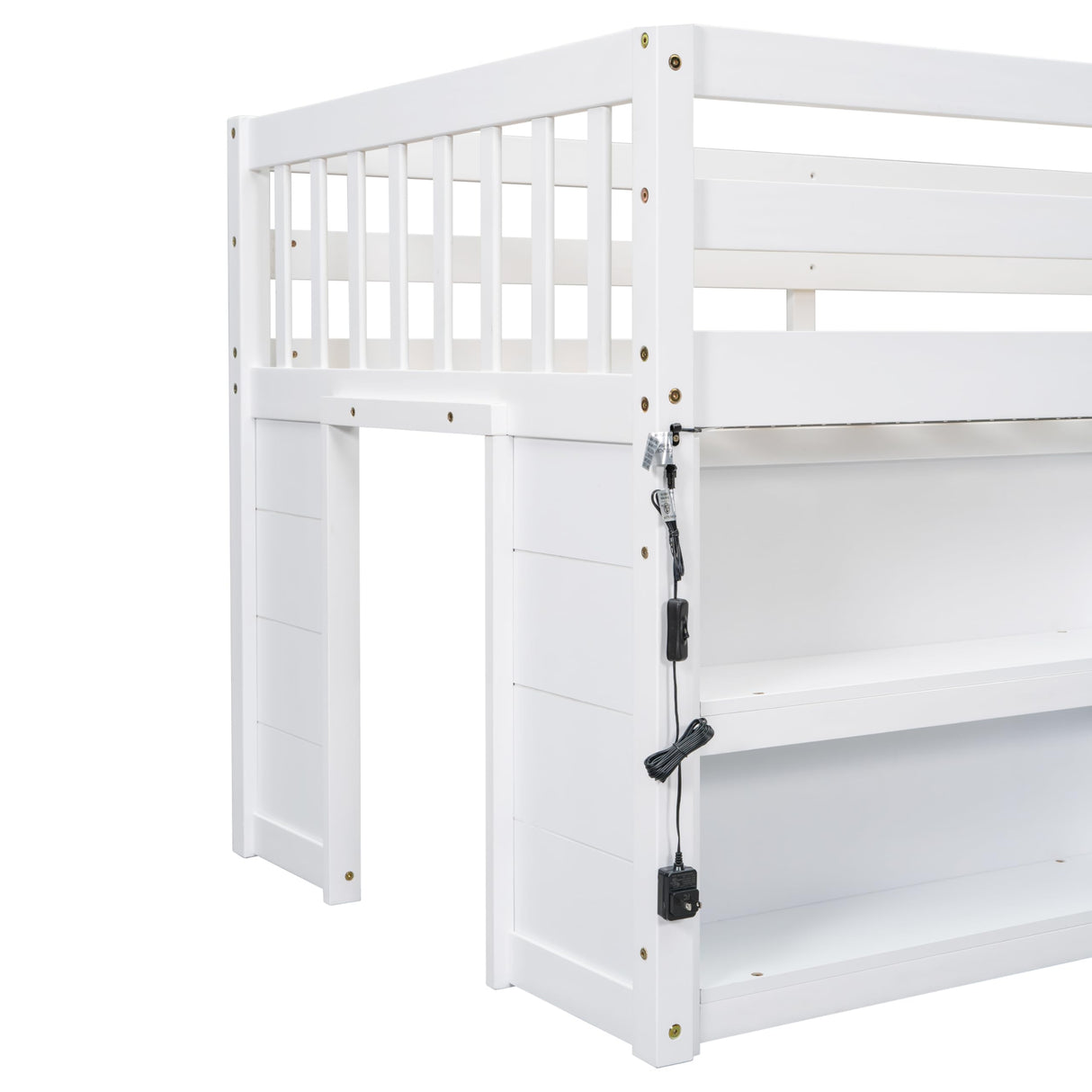 LED Twin Size Low Loft Bed for Kids,Twin Loft Bed with Storage Shelves,Kids Low Loft Bed Frame with LED Light,Space Saving, White Bellemave