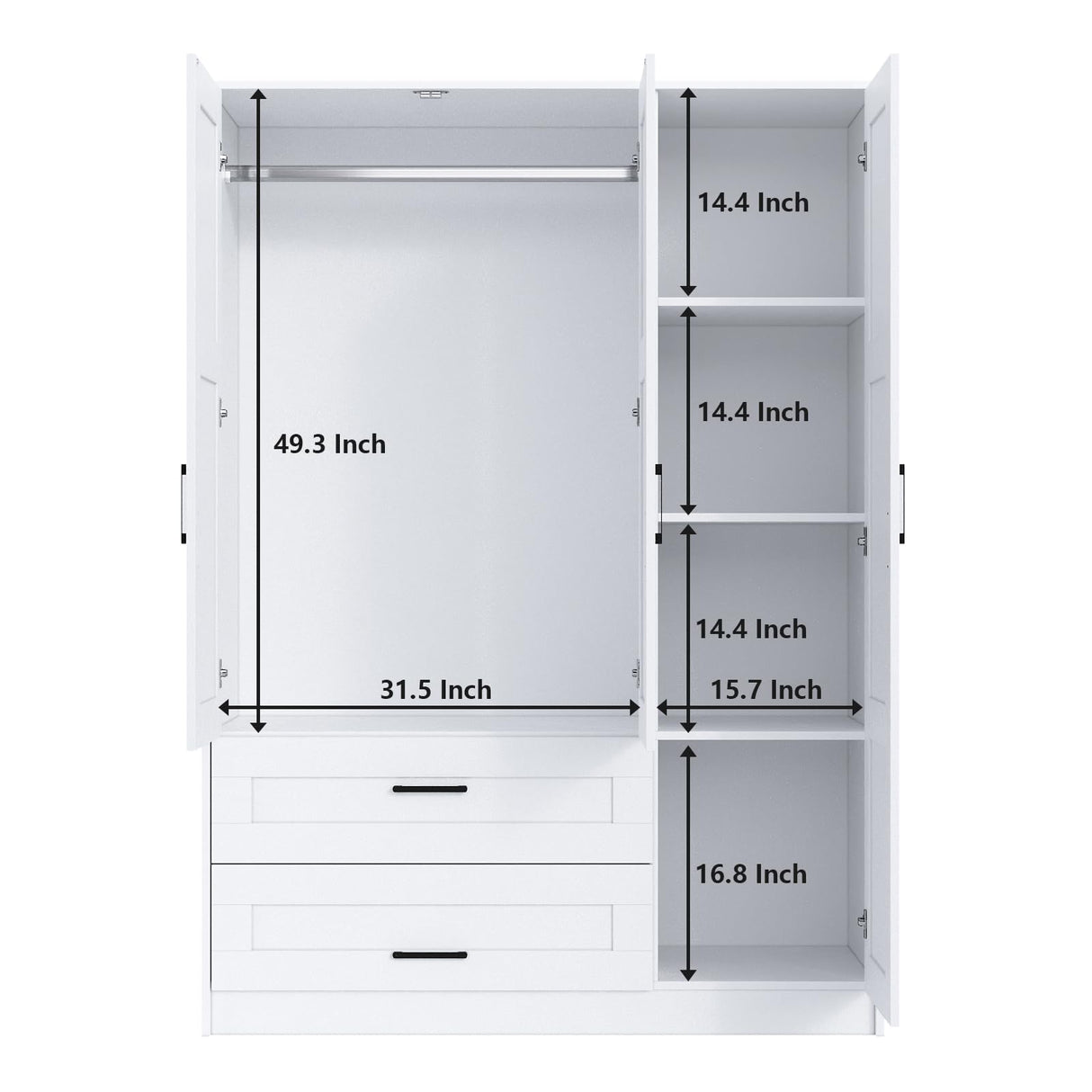 3 Doors Wooden Wardrobe Closet Armoire, White Storage Cabinet for Hanging Clothes, Bedroom Large Capacity Freestanding Armoire,Wood Wardrobe Combination with Shelves (2drawer, White) Fenghua Lizhi