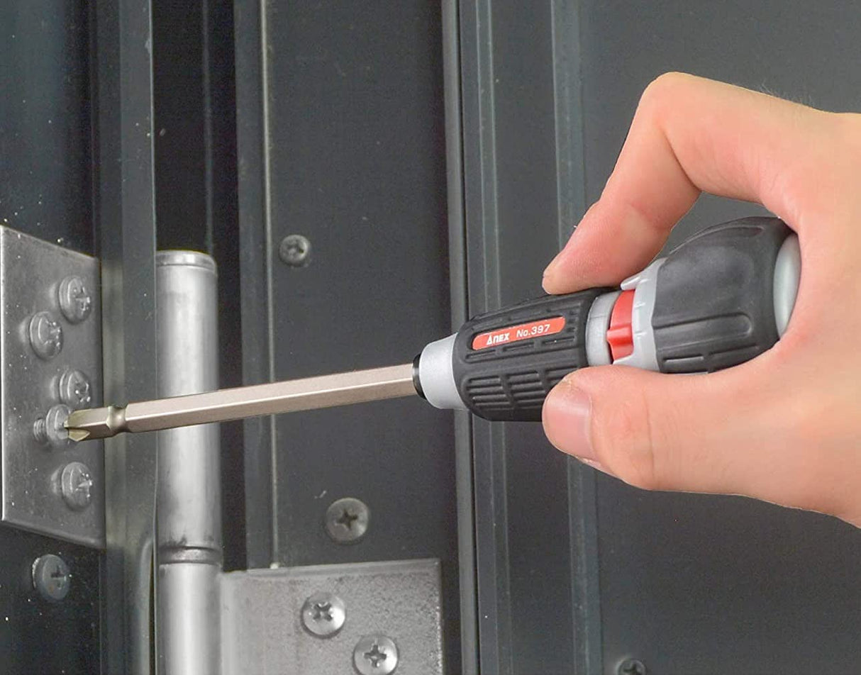 ANEX Ratcheting Screwdriver Ball Handle, Japanese Heavy Duty Magnetic Bit Set (Phillips+2, Flat Head-6), Quick Ball Grip 72 Gear Ratchet Screwdriver, Made in JAPAN Anex