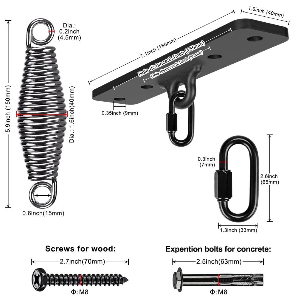 Dolibest Heavy Bag Hanger, Wall Ceiling Mount Hook for Punching Bags, Body Weight Strength Training Systems, Wood Beam Holder with Spring and 2 Carabiners, 4Wood Screws for Wooden Sets Dolibest