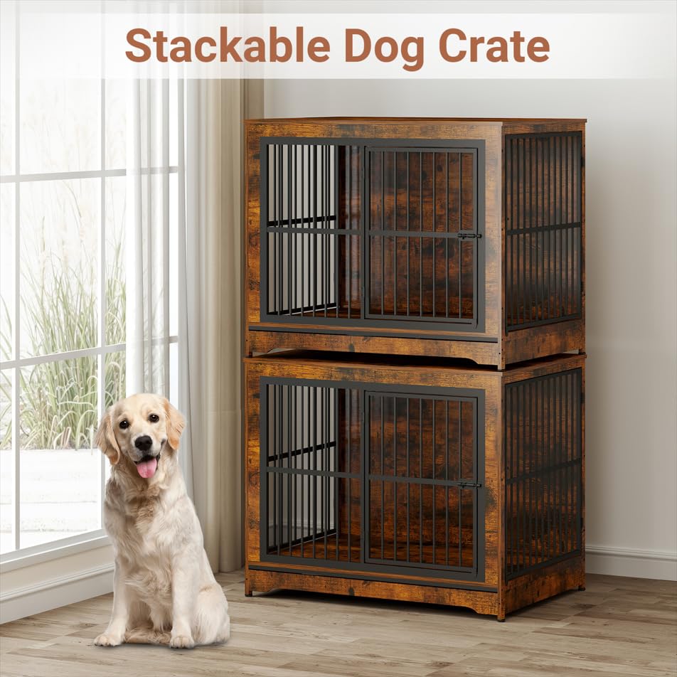 Yafylly 86 Inch Double Dog Crate Furniture with Divider, 4 Combination Forms Large Dog Kennel Furniture for 2 Dogs, Rustic Brown Corner Dog Kennel for Small Medium Large Dogs Yafylly
