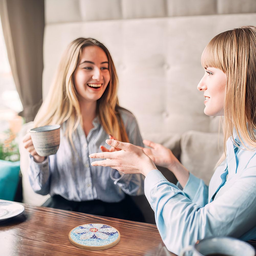 WEBEEDY DIY Mosaic Craft Kit - Flower Mosaic Bamboo Coasters for Adults, Blue Style Glass Tiles, 6.1 WEBEEDY