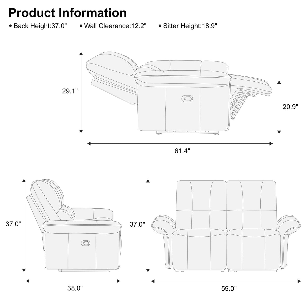 Belffin Leather Loveseat Recliner Sofa for Living Room Oversized Black Manual Reclining Couch for Living Room Double Recliner Home Theater Seating. Black Couch Belffin