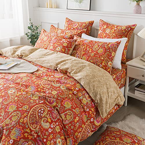 FADFAY Paisley Duvet Cover Set Queen Bohemian Damask Paisley Bedding Luxurious Orange Boho Paisley Comforter Cover Set 100% Cotton Ultra Soft Quilt Cover with Hidden Zipper Closure 3Pcs, Queen Size FADFAY