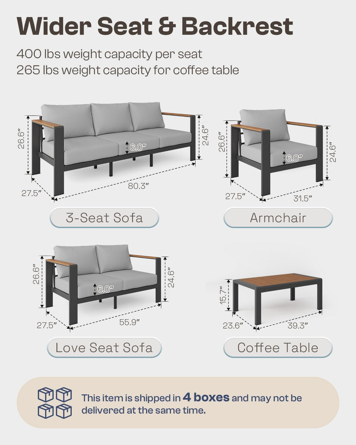 Oasbira Aluminum Outdoor Patio Furniture Set with Coffee Table, 5 Piece Patio Conversation Sets, Patio Sectional Furniture Set for Porch, Balcony, Yard, Gray Oasbira