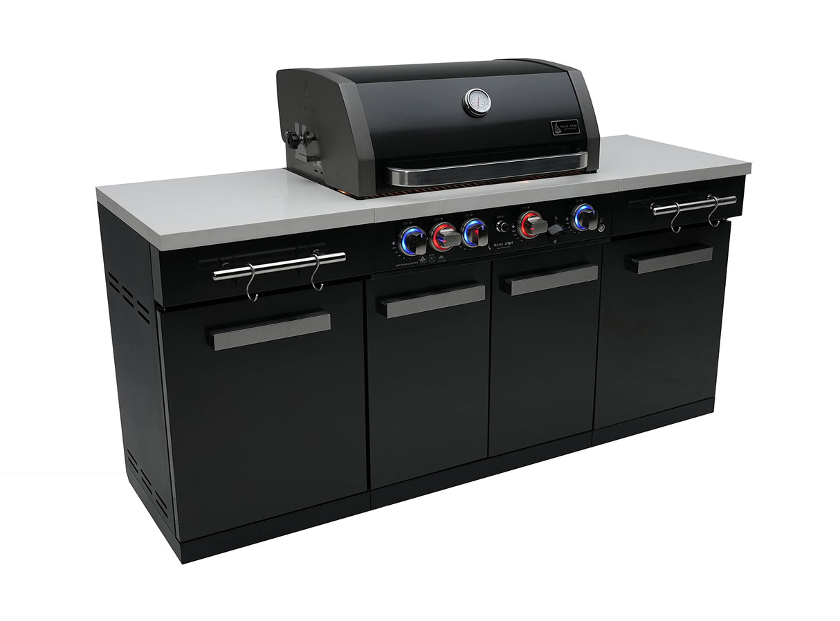 Mont Alpi MA-957 5-Burner 63000 BTU Black Stainless Steel Outdoor Kitchen Bar Gas Island Grill w/Infrared Rear Burner + Rotisserie Kit + Granite Countertop + Storage Cabinets & Full Weather Cover Mont Alpi