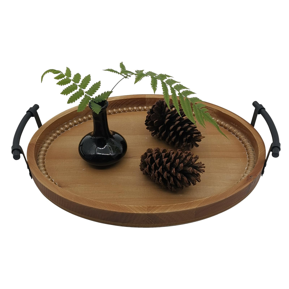 Oval Rustic Wooden Decorative Tray, Serving Tray with Metal Handles, Ottoman Coffee Table Tray, Farmhouse Centerpiece for Kitchen or Living Room (Brown) dugunusu