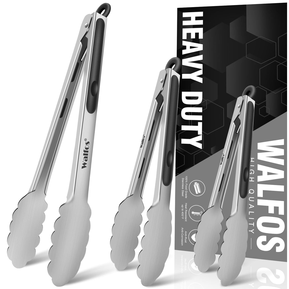 Food Grade Stainless Steel Kitchen Tongs for Cooking,BBQ - 7 ,9 and 12 Inch,Set of 3 Heavy Duty Locking Metal Food Tongs Non-Slip Grip Walfos