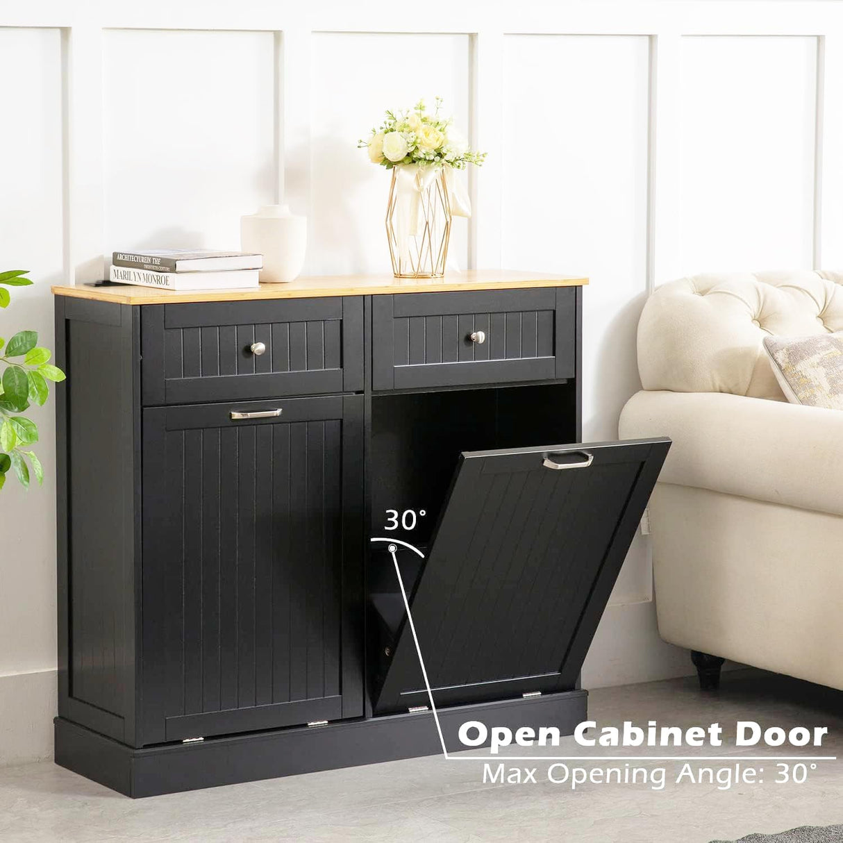 GAZHOME Double Tilt Out Trash Cabinet with Charging Station, Upgrade Wooden Free Standing Trash Cabinet with Outlet,Recycling Cabinet with Hideaway Drawer,20 Gallon Tilt Out Trash Cabinet(Black) GAZHOME