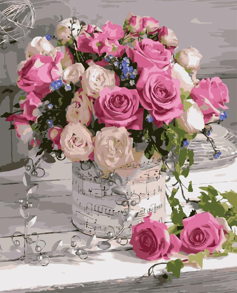 Syntego DIY Paint by Numbers for Adults, Pink Roses Bouquet Canvas Oil Acrylic Painting Kit Approx 50 x 40cm(16" x 20") Syntego