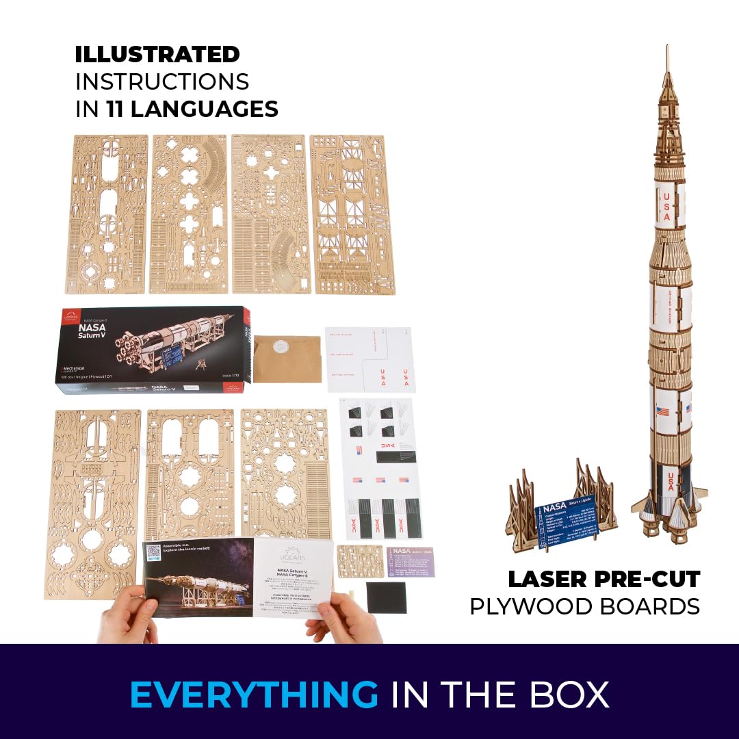 UGEARS NASA Saturn V Model Rocket Kit - Space Ship Model Kits for Adults - 3D Wooden Space Shuttle Building Puzzles - Rocketship Spacecraft 3D Wood Puzzle UGEARS