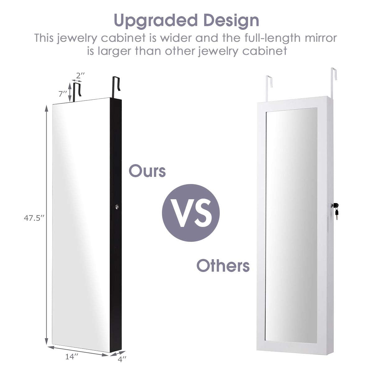 Giantex Wall Door Mounted Jewelry Armoire Cabinet with 47.5" H Full Length Mirror, 2 LEDs Lockable Jewelry Organizer Box with Bracelet Rod, 2 Drawers, Large Storage Capacity (Black) Giantex