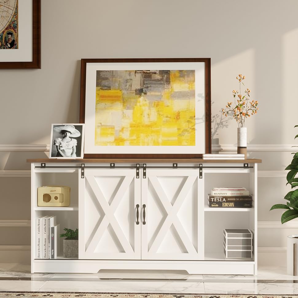 4 EVER WINNER White Coffee Bar Cabinet, Farmhouse Buffet Cabinet with Storage, 59" Sideboard Buffet Cabinet with Sliding Barn Doors, TV Stand Station Long Server Table Cupboard for Living Dining Room 4 EVER WINNER