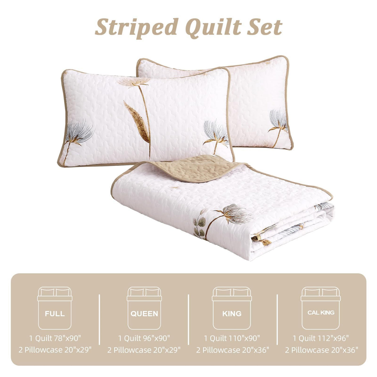 Dinjoy Floral Quilt Set Queen,Beige/Khaki Bedspread Queen Size 3 Pieces Lightweight Fall Quilts Microfiber Farmhouse Bedding Set Soft Flower Bedspreads White Coverlet Sets for All Seasons Dinjoy