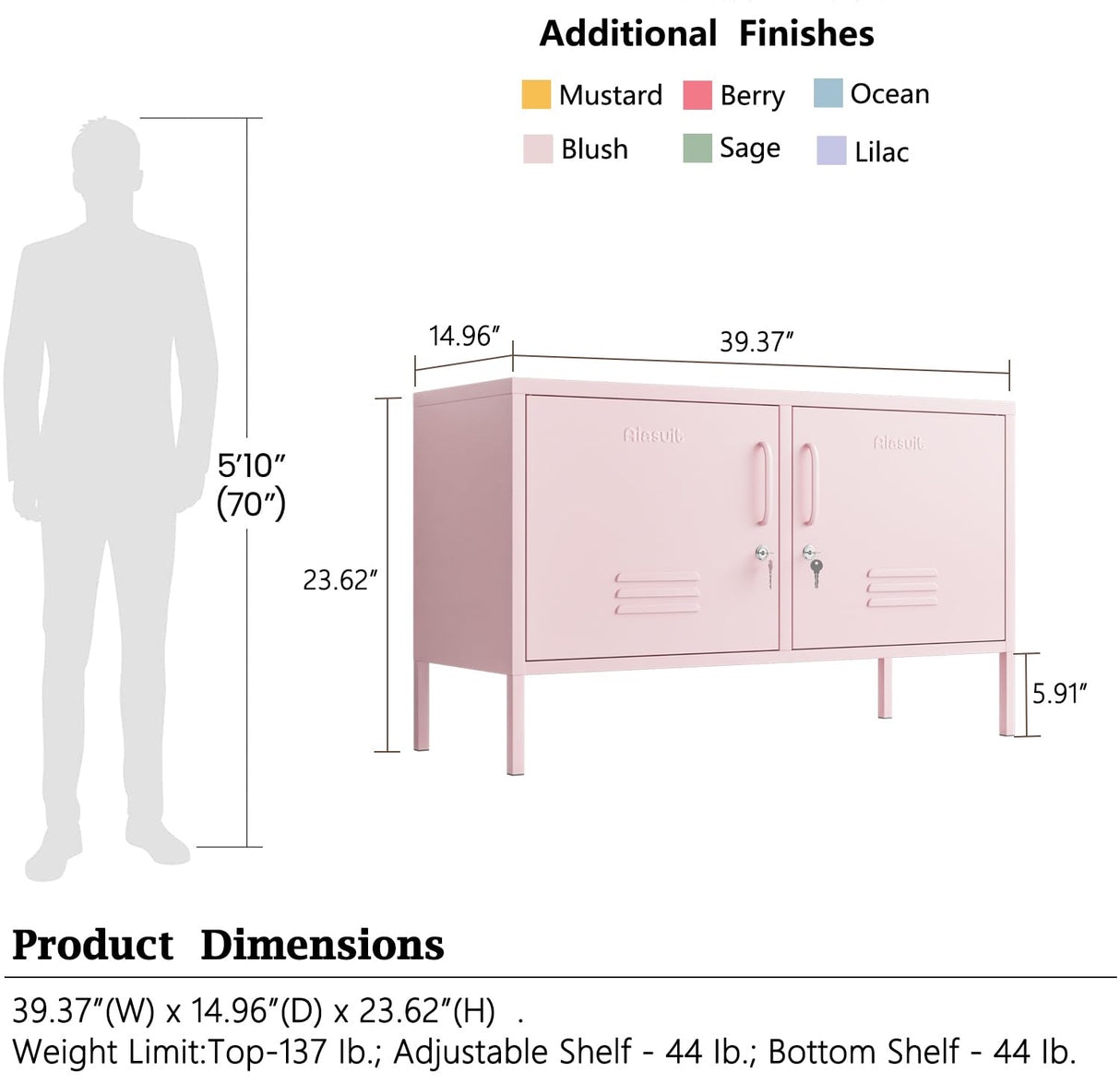 Aiasuit TV Stand Multifunctional Metal Storage Cabinet 2-Tier Shelf Thick Plate Material Support Sturdy Metal Sideboard Adjustable Storage Cabinet Pink Size: 23.62”H x 39.37”W x 14.96”D Aiasuit