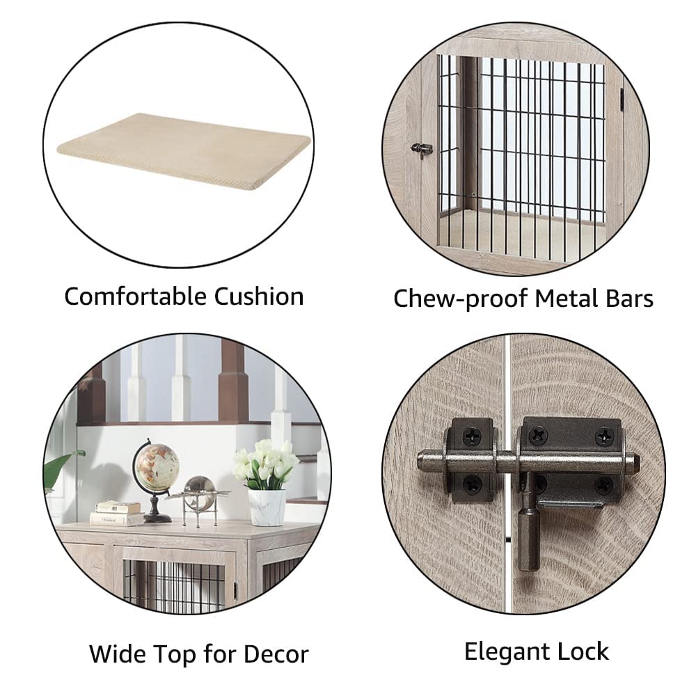 unipaws Furniture Style Dog Crate for Medium Large Dogs, Indoor Aesthetic Dog Stuff Kennel, Modern Decorative Wood Wire Pet House Dog Cage, Pretty Cute End Side Table Nightstand, Weathered Grey unipaws