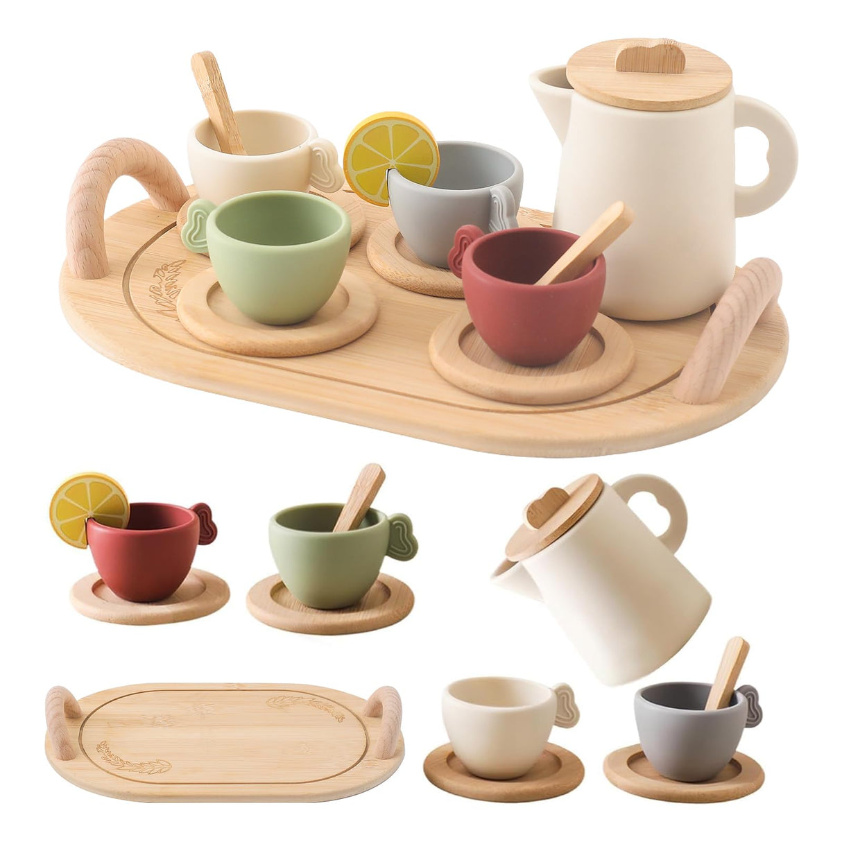 Tea Party Set for Kids, Wooden Tea Set for Little Girls and Boys, Kids Play Kitchen Accessories Toy Dishwasher Safe Tea Set for Toddler, Pretend Play Toddler Tea Set Ideal Christmas Birthday Gift Ikubigu