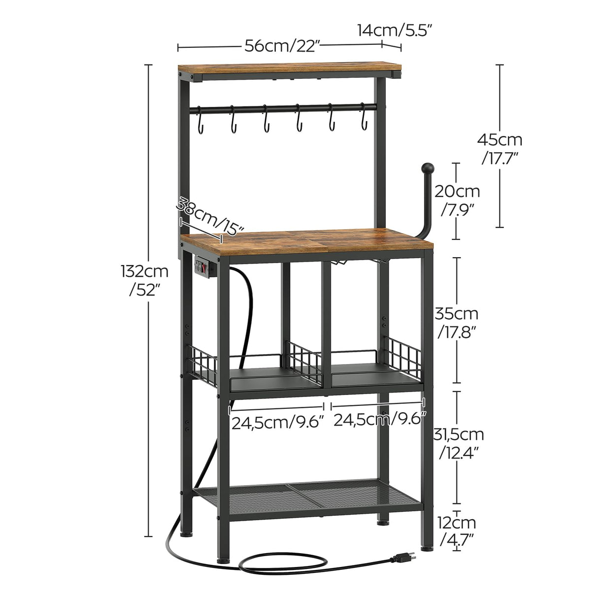 YATINEY Bakers Rack, 4-Tier Microwave Stand, Bakers Rack with Power Outlet, Kitchen Storage Rack with Wine Glass Holder and Paper Holder, for Kitchen, Dining Room, Living Room, Rustic Brown HB02UBR YATINEY