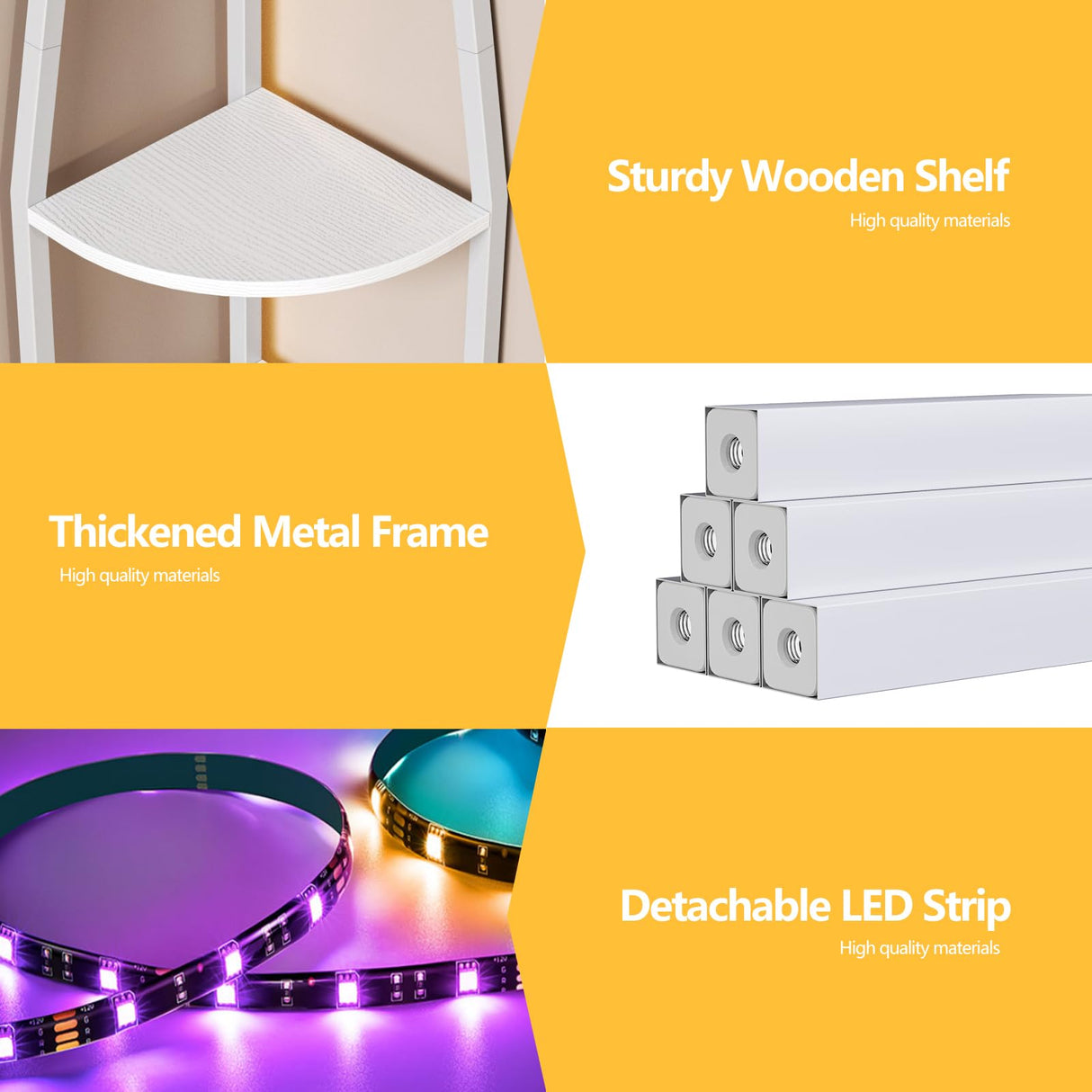 Furnulem 5 Tier Corner Shelf with LED Light, 67.2” Tall Standing Shelf for Wall Corner, Narrow Bookshelf Ladder Shelf for Bedroom, Living Room, Plant, Wood Storage Rack, Metal Frame (White) Furnulem