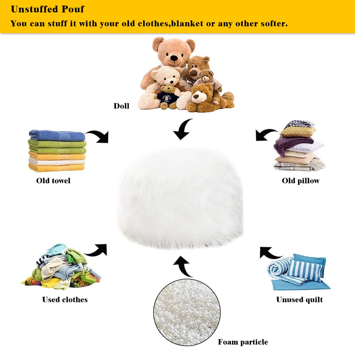 Fur Pouf Ottoman Unstuffed Floor Pouf White Ottoman Foot Rest NO Filler 20x20x12 Inches Round Poof Seat Floor Bean Bag Chair Foldable Floor Chair Storage for Living Room Bedroom White Cover ONLY Asuprui