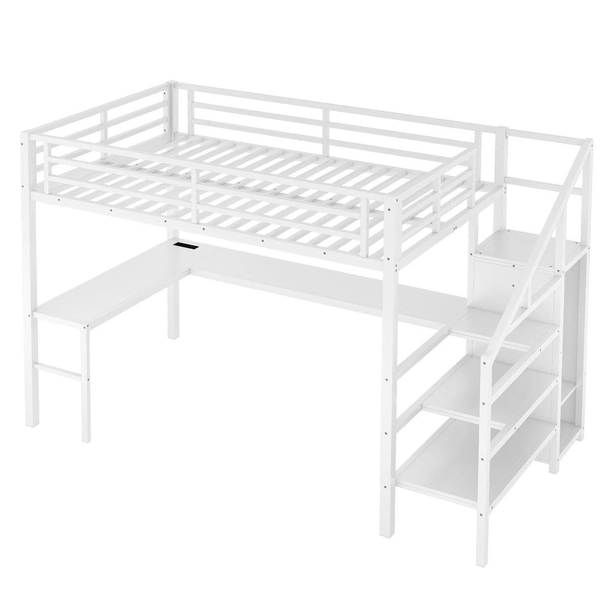 Full Loft Bed with Stairs and Wardrobe, Full Size Loft Bed with Desk and Storage, Metal Loft Beds with Charging Station and Light, White Bellemave