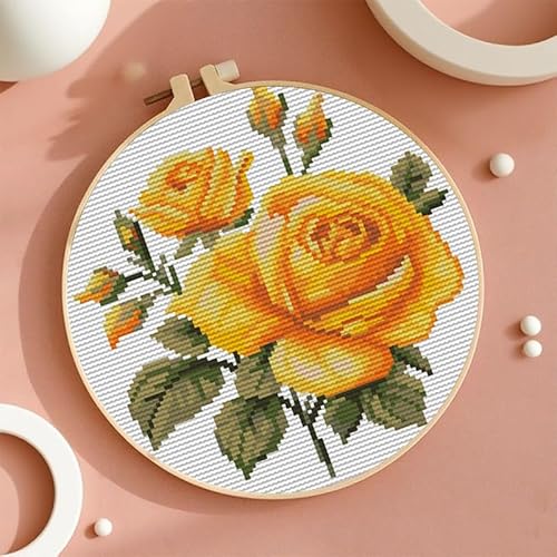 Yellow Rose 11CT Stamped Cross Stitch Kits Easy for Beginners Child with Hoop DIY Needlepoint Counted Embroidery Kits Art Craft Wall Decor 12x12IN(4)
