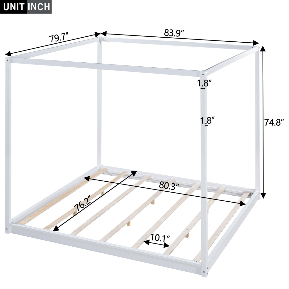 Favfurish King Size Canopy Platform Bed with Support Legs,Solid Wood Bed Frame,4-Post Canopy-Platform-Bed for Kids Teens Adults, No Box Spring Needed,White Favfurish