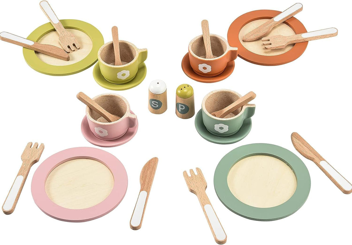 Giant bean 27PCS Wooden Toy Plates and Dishes for Kitchen Set,Montessori Kitchen Toys for Girls and Boys, Wooden Play Kitchen Accessories Giant bean