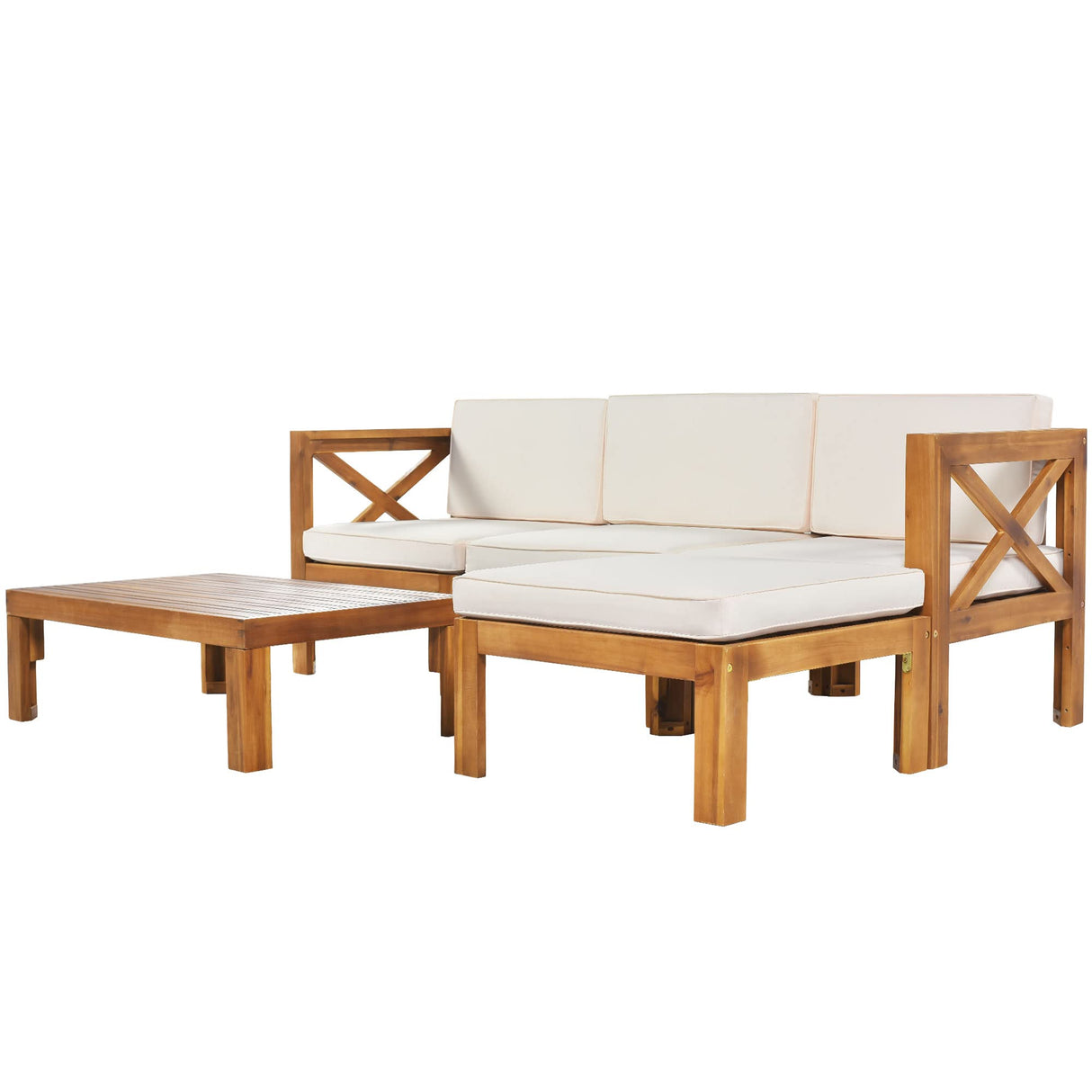 Acacia Wood 5-Piece Patio Sectional Sofa Set, Wood Furniture Set with Coffee Table and Soft Cushions, Outdoor Conversation Sets with Slatted Tabletop, Sectional Sofa Sets for Garden, Poolside, Beige FAROUCHE