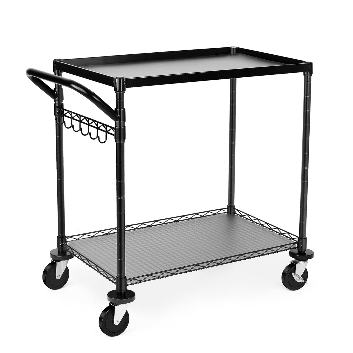WDT 680Lbs Capacity Heavy Duty Rolling Utility Cart,2 Tier Rolling Carts with Wheels,Commercial Grade Metal Cart with Handle Bar & Shelf Liner,Trolley Serving Cart for Restaurant,Kitchen,Black WDT