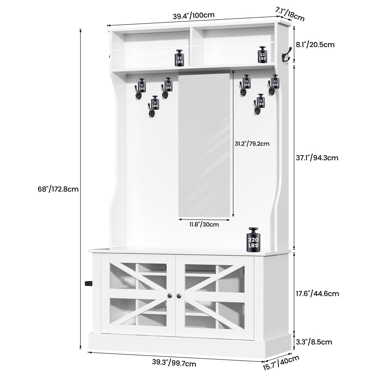 Semoic Farmhouse Hall Tree with Bench and Shoe Storage, 7-in-1 Entryway Storage Bench with 8 Coat Racks, Shoe Rack with 7 Shoe Cubbies & Mirror & LED Light, Mudroom/Hallway Storages, White Semoic