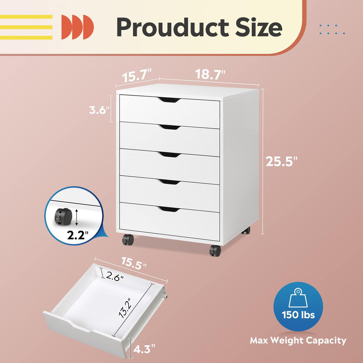 DEVAISE 5-Drawer Chest, Wood Storage file Cabinet with Wheels, White DEVAISE
