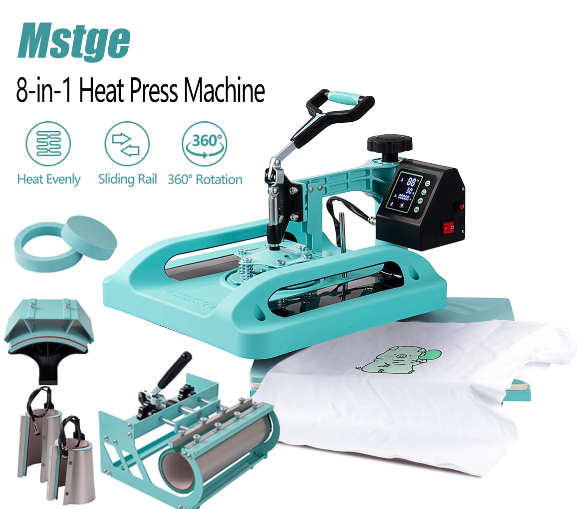 Mstge Heat Press 8 IN 1, Heat Press Machine 15x15 Inch with 30 OZ Tumbler Press, Slide Out T-Shirt Pressing Machine, Swing Away Heat Transfer Machine for T-Shirts, Tumblers Glass Mugs, Hats and Plates Mstge