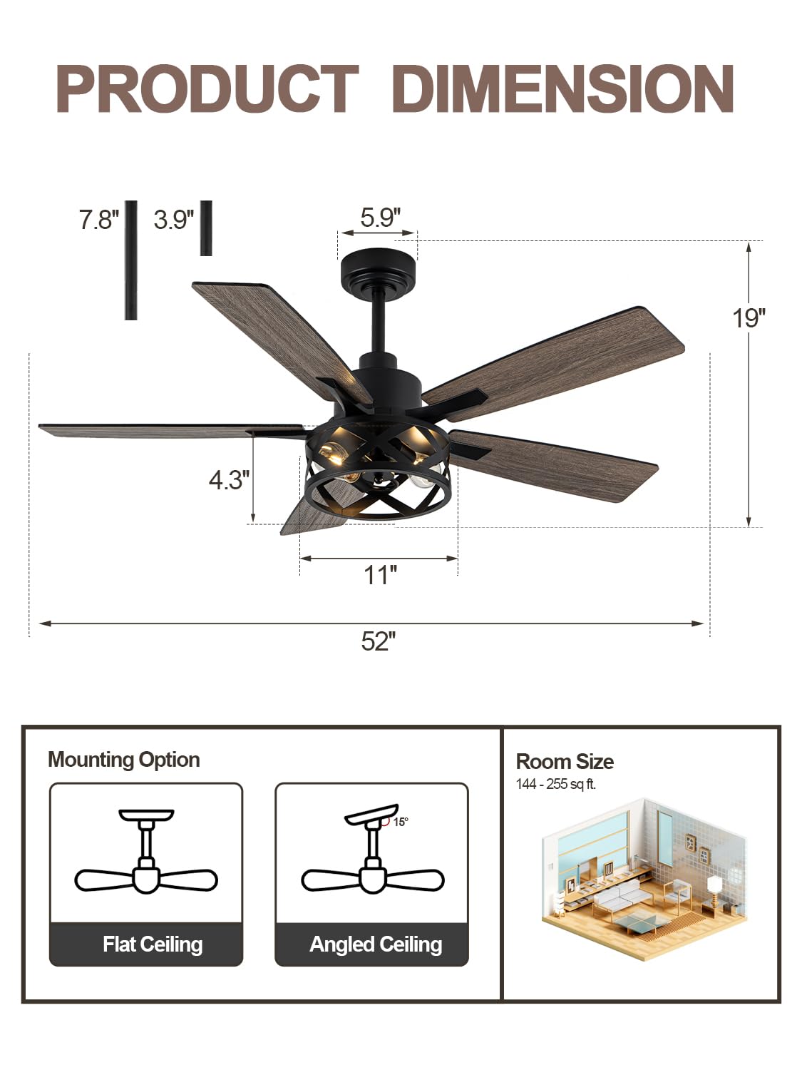 Curve Curio 52 Inch Farmhouse Ceiling Fan with Light and Remote Industrial Ceiling Fan Quiet and Reversible DC Motor Rustic Caged Chandelier Fan for Living Room Bedroom Patio Curve Curio