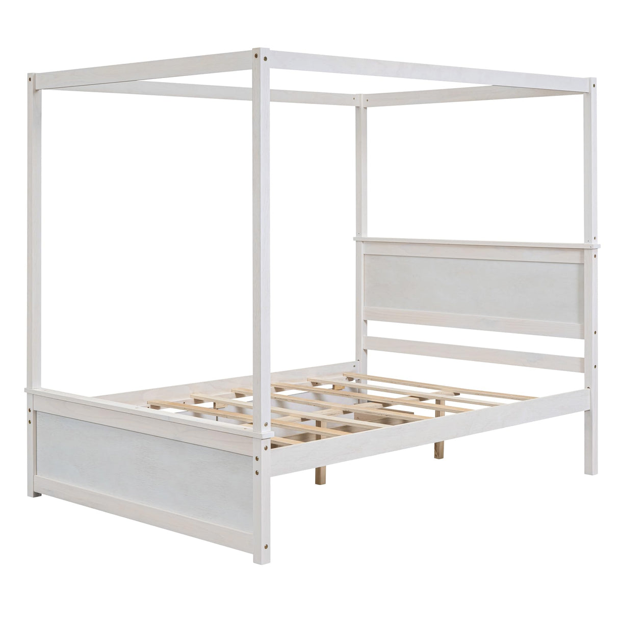 Full Size Canopy Bed with 2 Storage Drawers, 4-Post Wood Full Platform Bed Frame with Headboard, No Box Spring Needed - Brushed White Bellemave