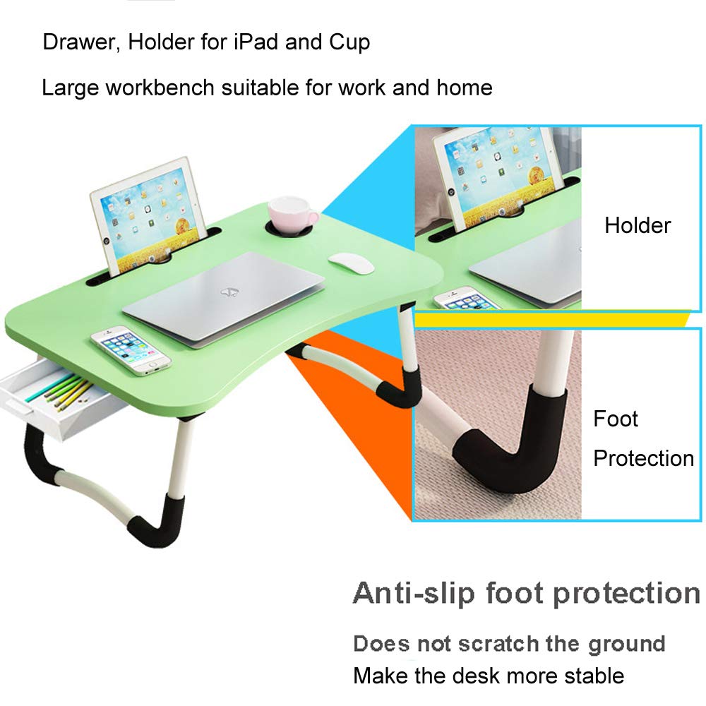 Lap Laptop Desk with Storage Drawer, Holders for Cup and Tablet, Laptop Bed Tray Table with Foldable Legs, Laptop Bed Stand, Portable Standing Table for Sofa Couch Floor (23.6", Green) VebaCidi