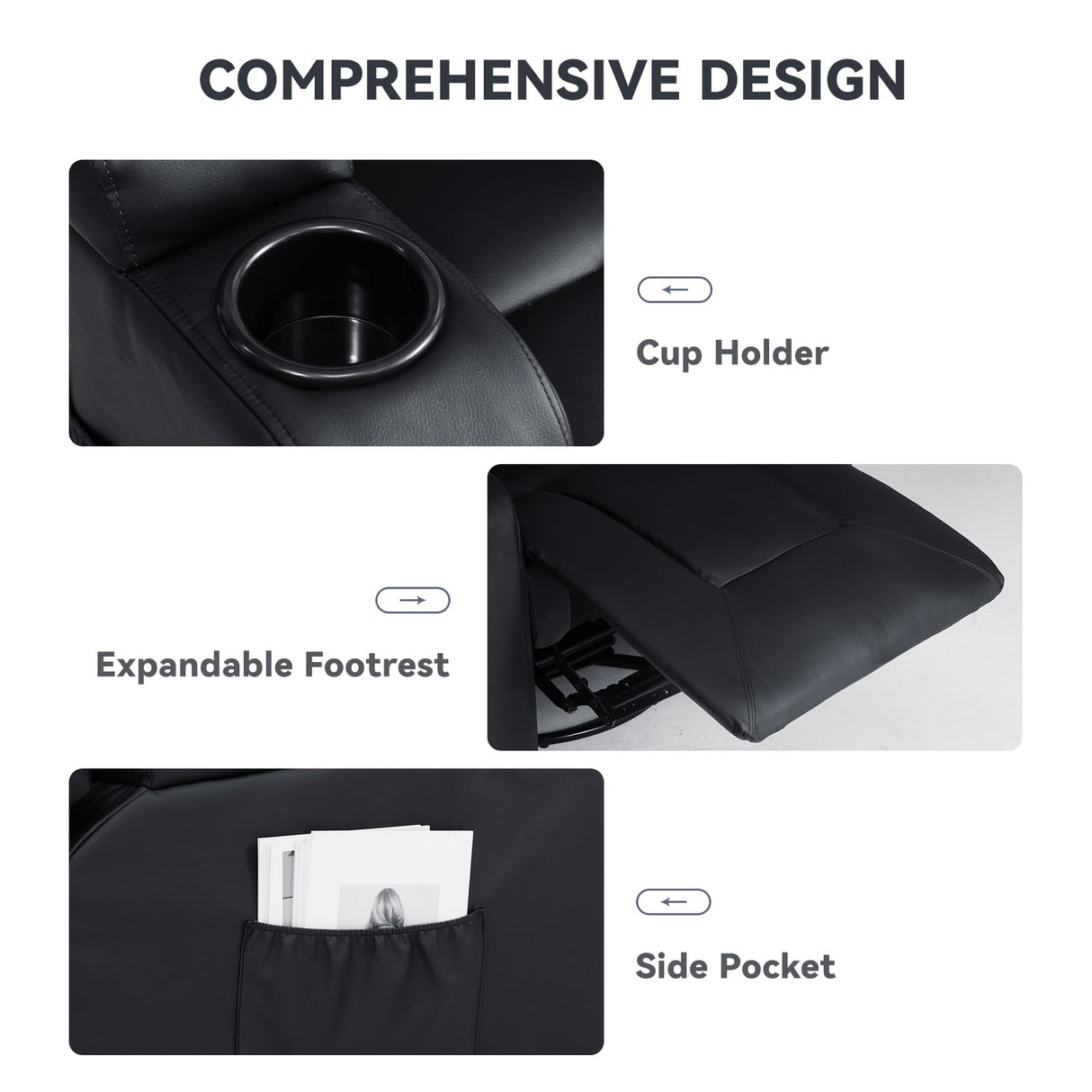 COMHOMA Living Room Furniture Set,Bonded Leather Loveseat Sofa with Cup Holder Recliner Chair,Black COMHOMA