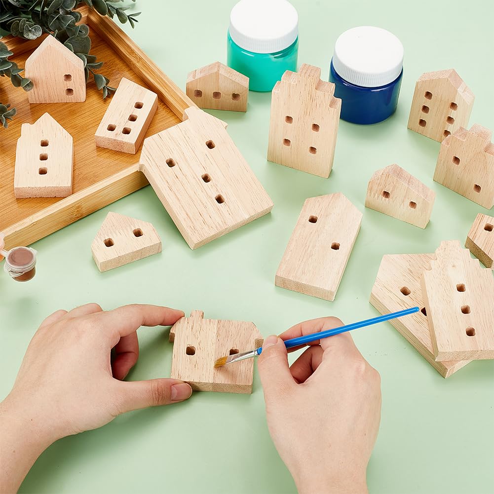 OLYCRAFT 15Pcs Unfinished Wooden House Shaped Blocks House Blank Wood Cutouts Wood Blocks with Hole Wooden Display Decoration Pieces for Home Kitchen Office Shelf Coffee Bar Decor -15 Styles OLYCRAFT