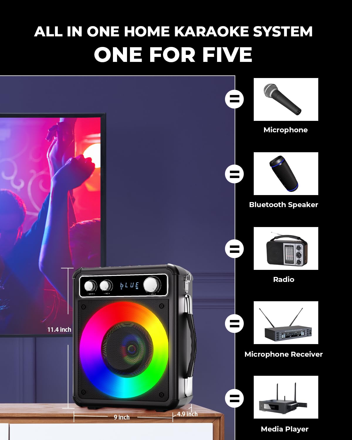 VOSOCO Karaoke Machine, Portable Bluetooth Karaoke Speaker with 2 Wireless Microphones, PA System for Adults Kids with LED Lights, Supports REC/FM/AUX/USB/TF for Home Party VOSOCO