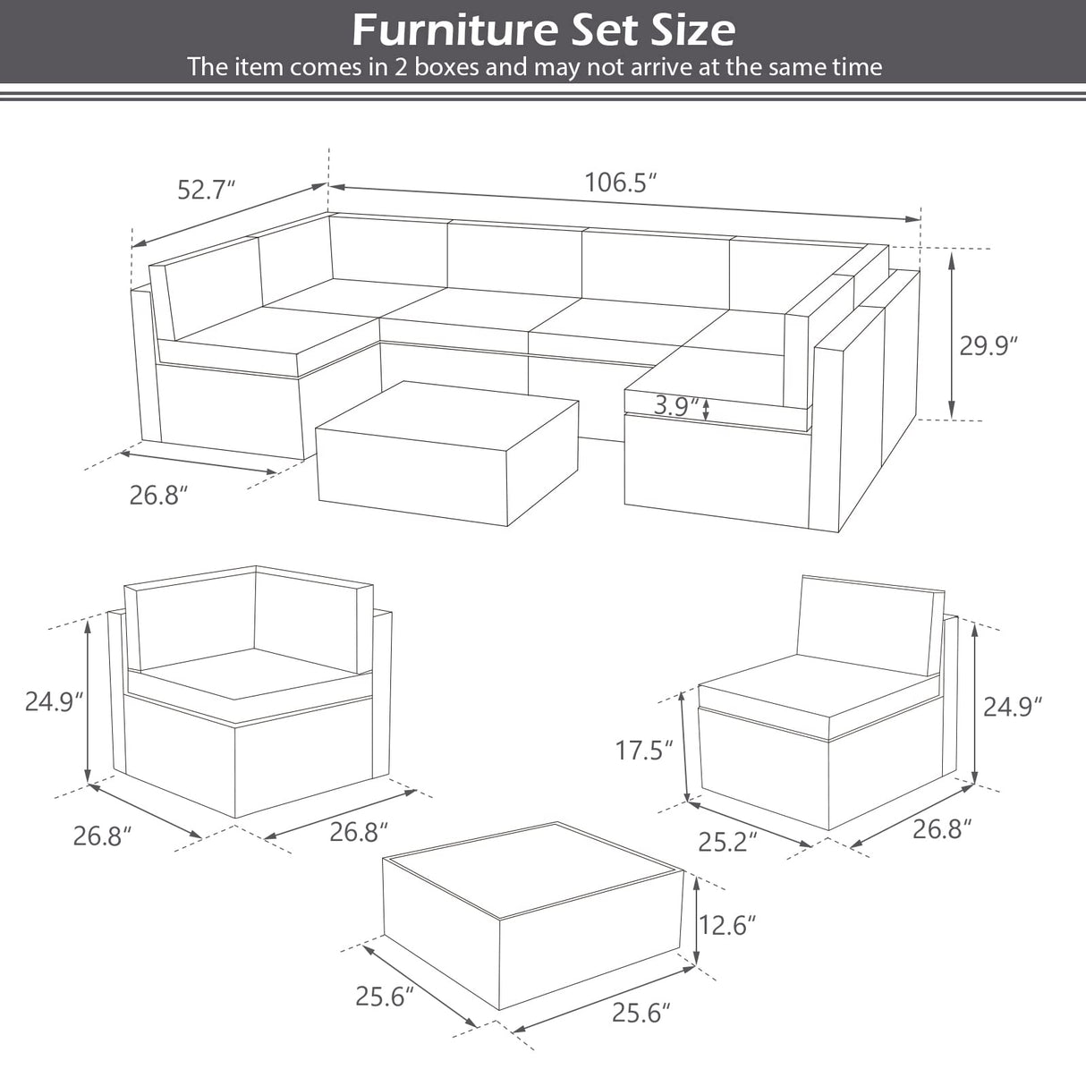 U-MAX 7 Piece Outdoor Patio Furniture Set, PE Rattan Outdoor Grey Wicker Furniture, Outdoor Sectional Furniture Chair Set with Cushions and Tea Table, Grey Rattan and Navy Cushion U-MAX