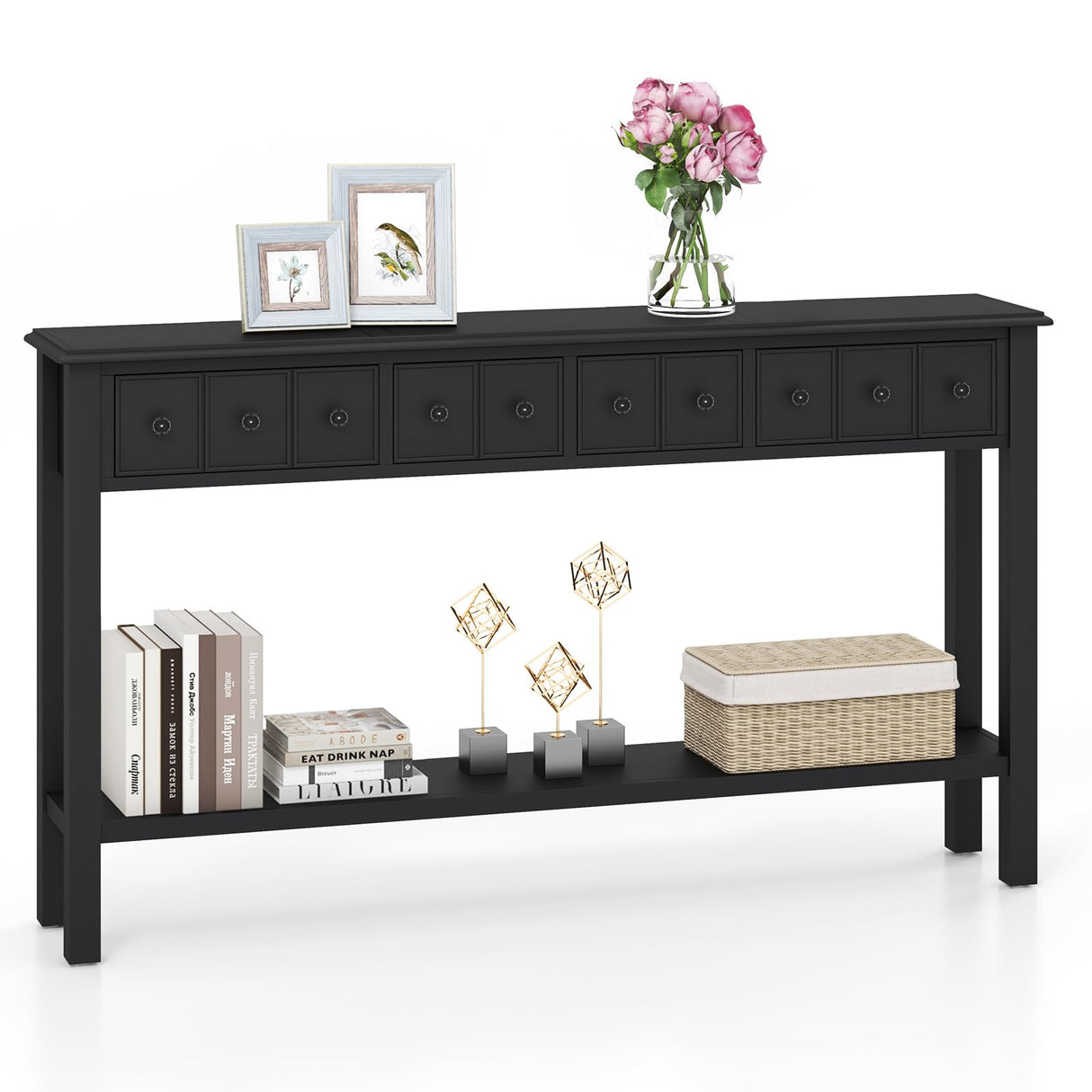 Giantex Narrow Console Table with Storage - 60" Long Sofa Side Table w/ 4 Drawers & Open Shelf, Solid Wood Legs, Rectangular Entry Table, Retro Entryway Table for Living Room Hallway, Foyer, Black Giantex